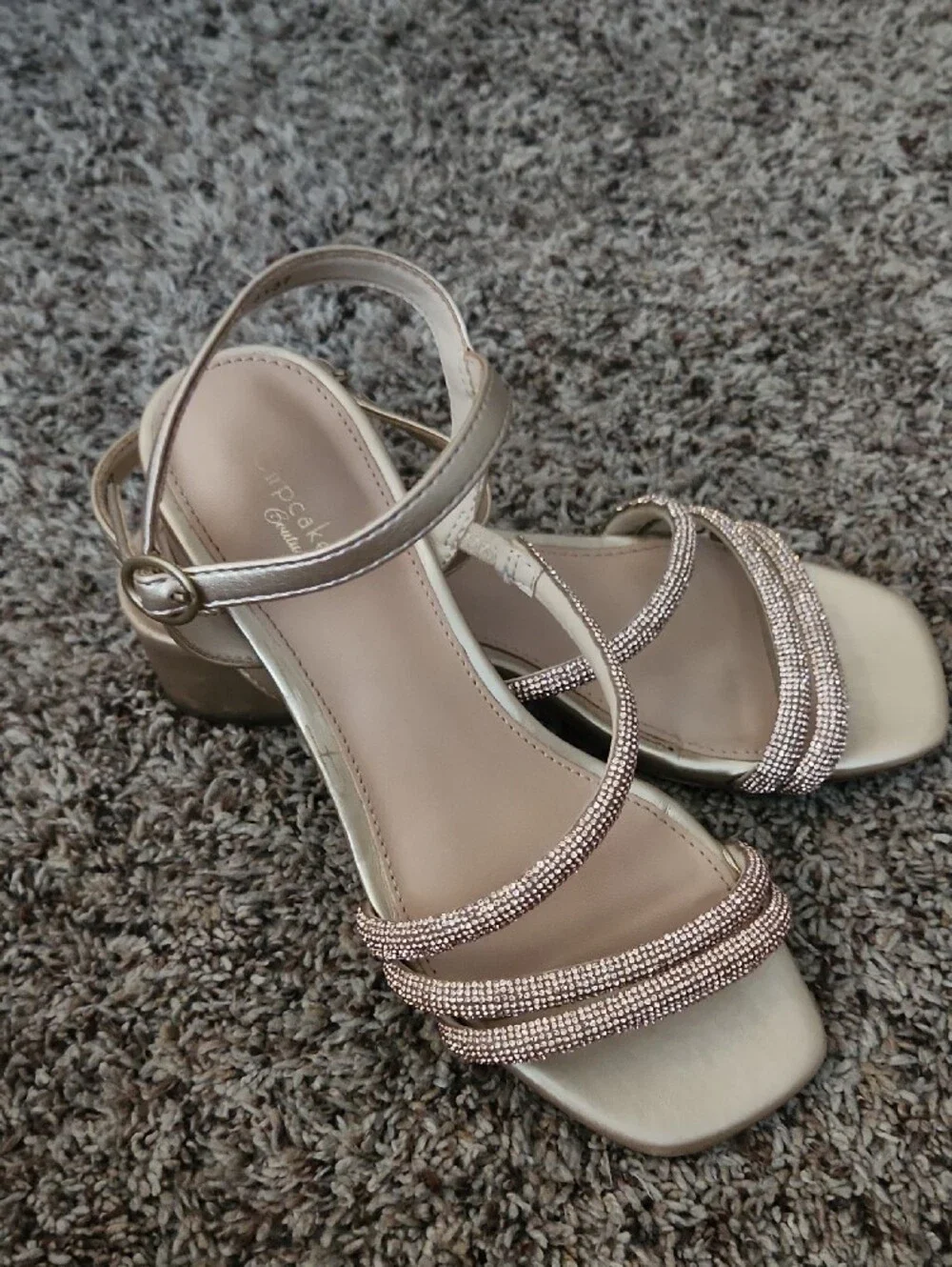 Girls Open-Toe Strappy Sandal in Champagne with Blinged Straps